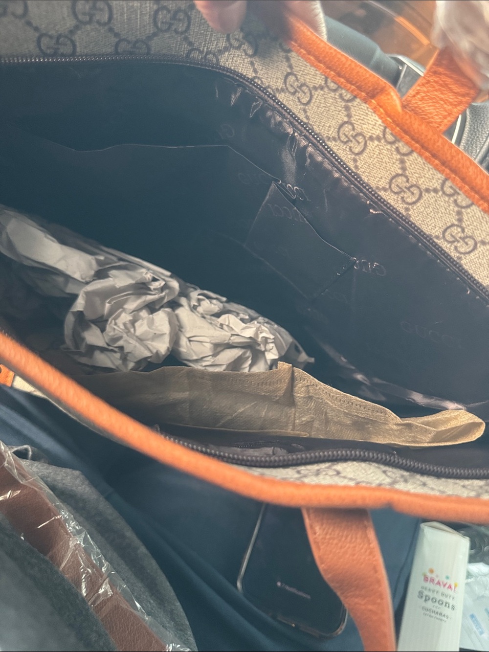 Gucci Beige GG Supreme Canvas Tote with Red and Green Stripe and Brown Trim - Picture 3 of 3
